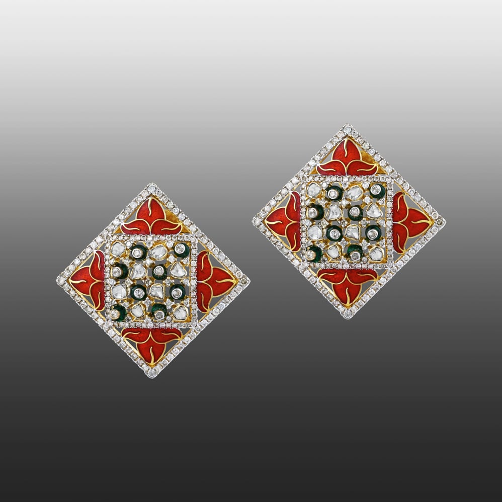 Geometric Polki Stud Earrings with Enamel and Diamonds